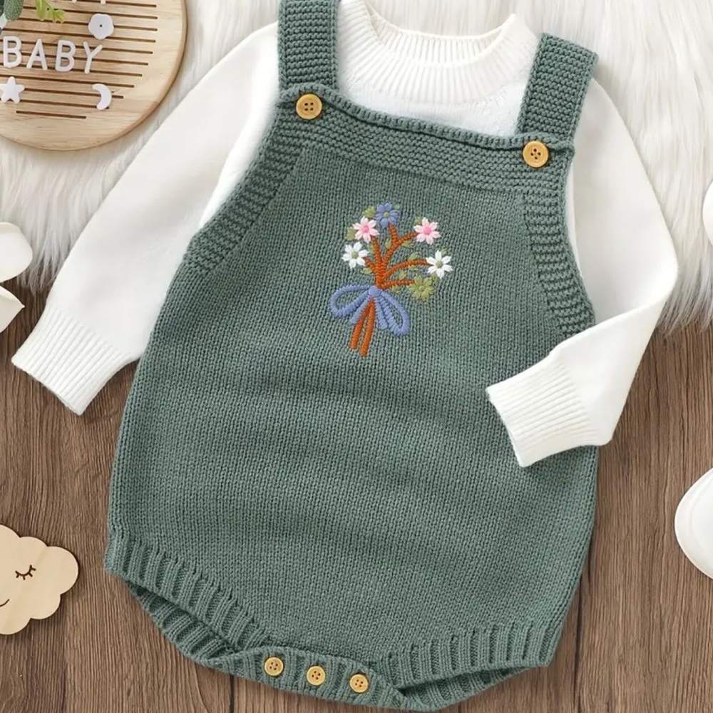Green Knit Floral Embroidered Baby Romper 3-6 Months